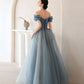 Blue Sweetheart Off Shoulder Tulle Long Prom Dress Blue Formal Dress    cg24989
