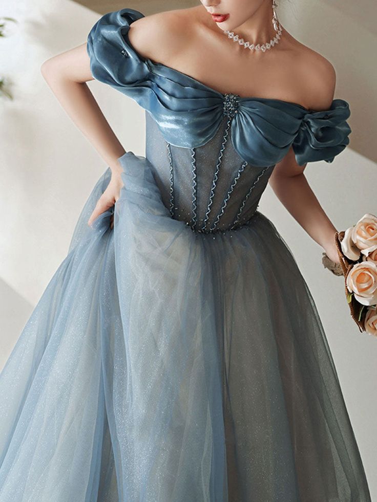 Blue Sweetheart Off Shoulder Tulle Long Prom Dress Blue Formal Dress    cg24989
