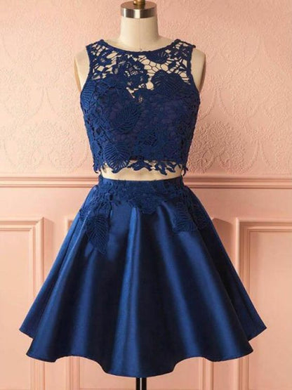 2 Pieces Navy Blue Homecoming Dress Satin Two Pieces Lace Homecoming Dress Party Dress