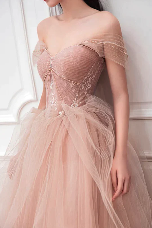 Pink Sweetheart With Lace Beaded Tulle Junior Prom Dress, Pink Long Formal Dresses    cg24960