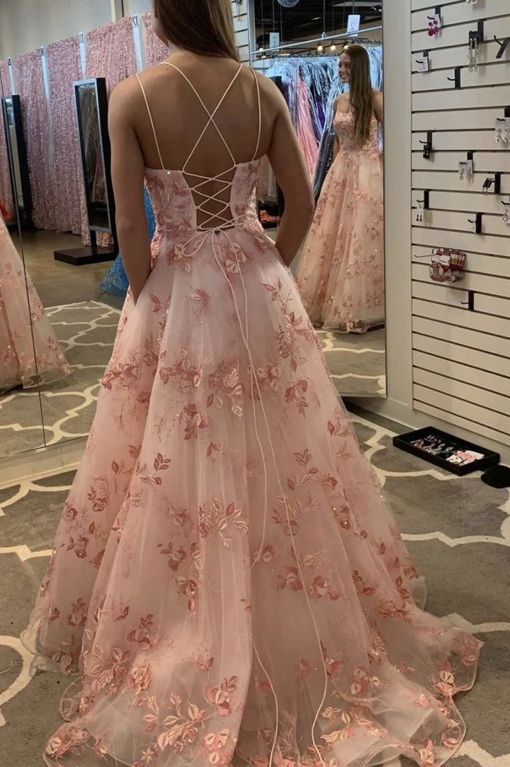 Pink tulle lace long ball gown dress A line evening dress   cg24941