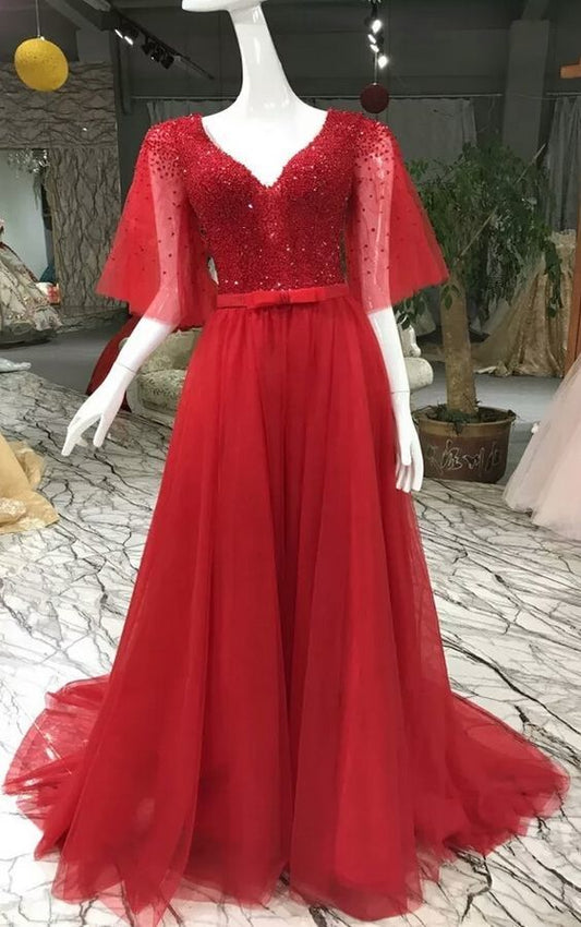 Unique V Neck Tulle Beading Long Prom Dress    cg10004