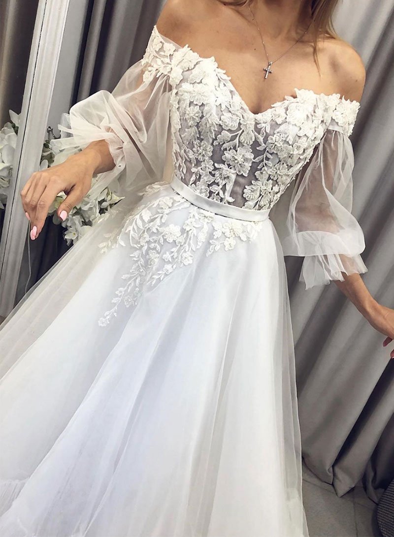 White tulle lace long prom dress, white evening dress 1006