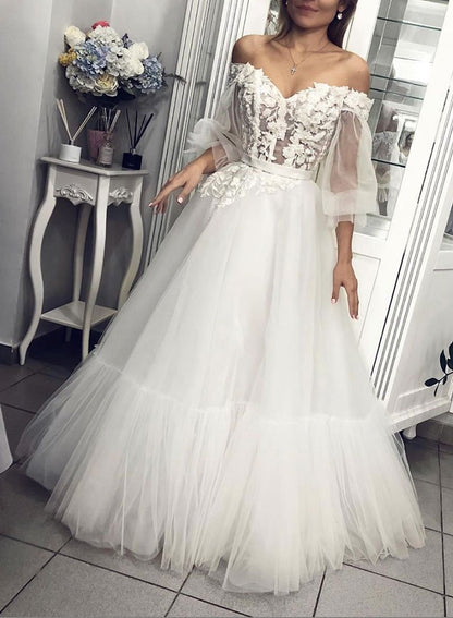 White tulle lace long prom dress, white evening dress 1006