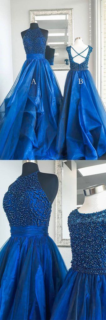 Blue high neck tulle beads long prom dress, blue evening dress, blue formal dress cg1011