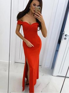 Simple Slit Red Mermaid Evening Dress, Long Prom Dresses    cg10174