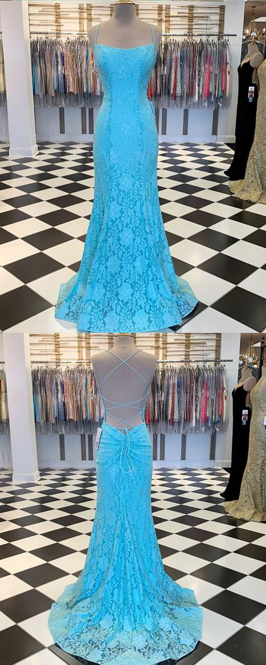 Spaghetti Strap Cyan Lace Mermaid Prom Dress   cg10191