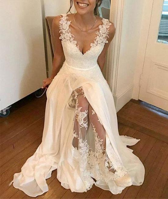 White v neck chiffon lace long prom dress, white evening dress cg1025
