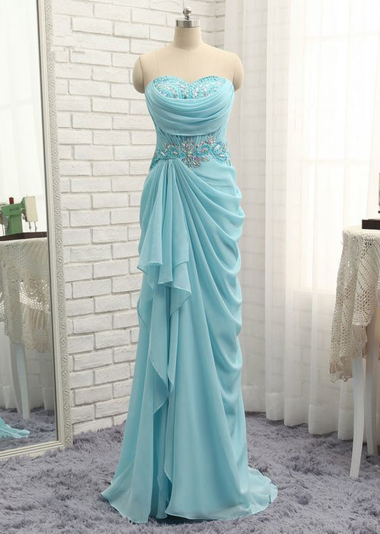 Sexy Prom Dresses Mermaid Sweetheart Turquoise Chiffon Crystals Bead Slit Prom Gown Evening Dresses   cg10339