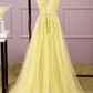 Long V-Neckline Lace Applique And Tulle Bridesmaid Dress, Yellow Prom Dress Party Dress   cg10386