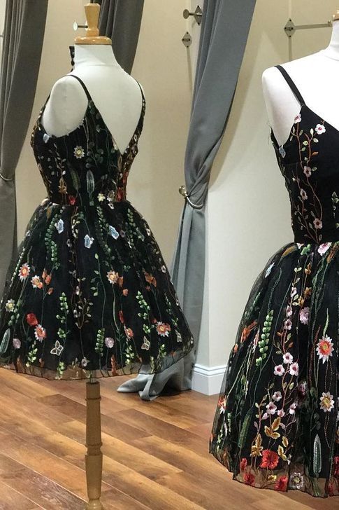 Cute Straps Black Embroidery Floral Short Homecoming Dress cg105
