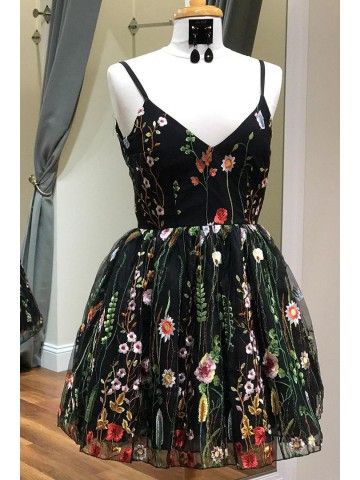 Cute Straps Black Embroidery Floral Short Homecoming Dress cg105