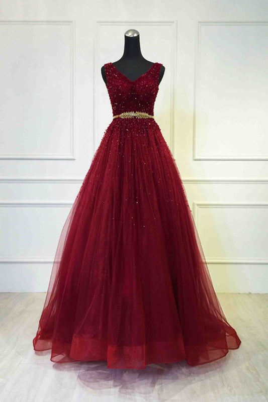 Red tulle sequins v-neck sash A-line long prom dresses   cg10626