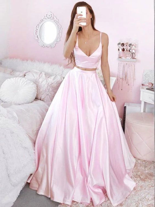 V Neck Two Pieces Pink Satin Long Prom Dresses, 2 Pieces Pink Formal Dresses   cg10799