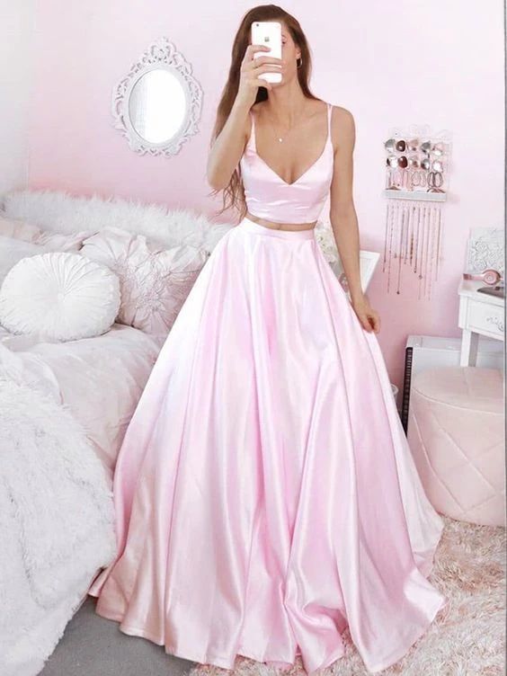 V Neck Two Pieces Pink Satin Long Prom Dresses, 2 Pieces Pink Formal Dresses   cg10799