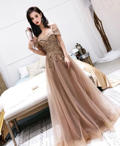 Champagne tulle off shoulder long prom dress, tulle evening dress  cg1088