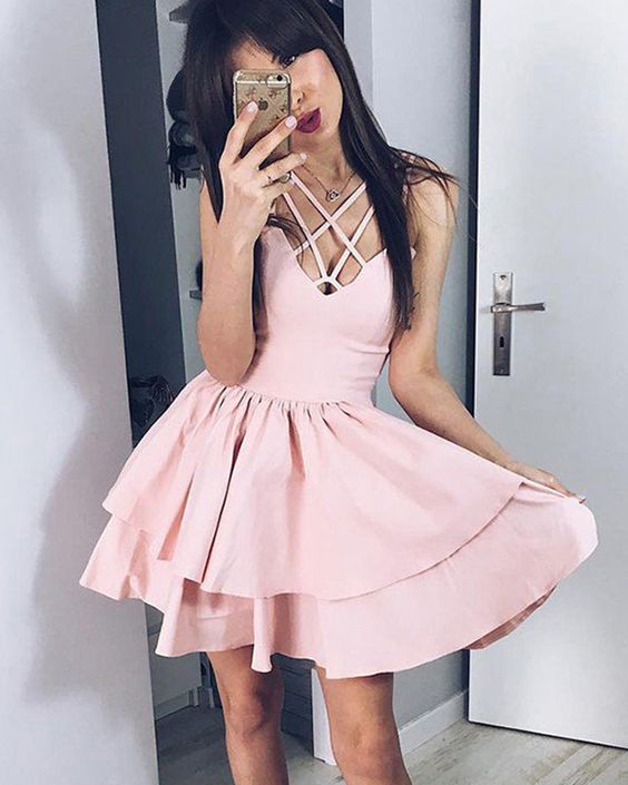 simple pearl pink pleated crisscross layered homecoming dress cg1095
