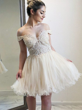 Off-the-Shoulder Light Champagne Homecoming Dress with Appliques Beading cg1105