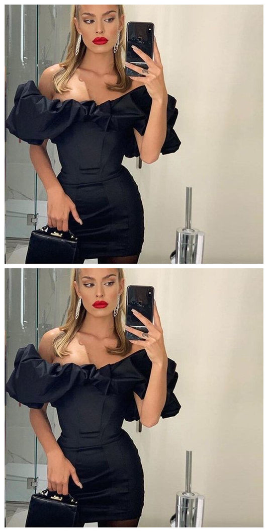 2019 Homecoming dress Black Dress Women Ruffles Sleeve Strapless Black Dress    cg11232