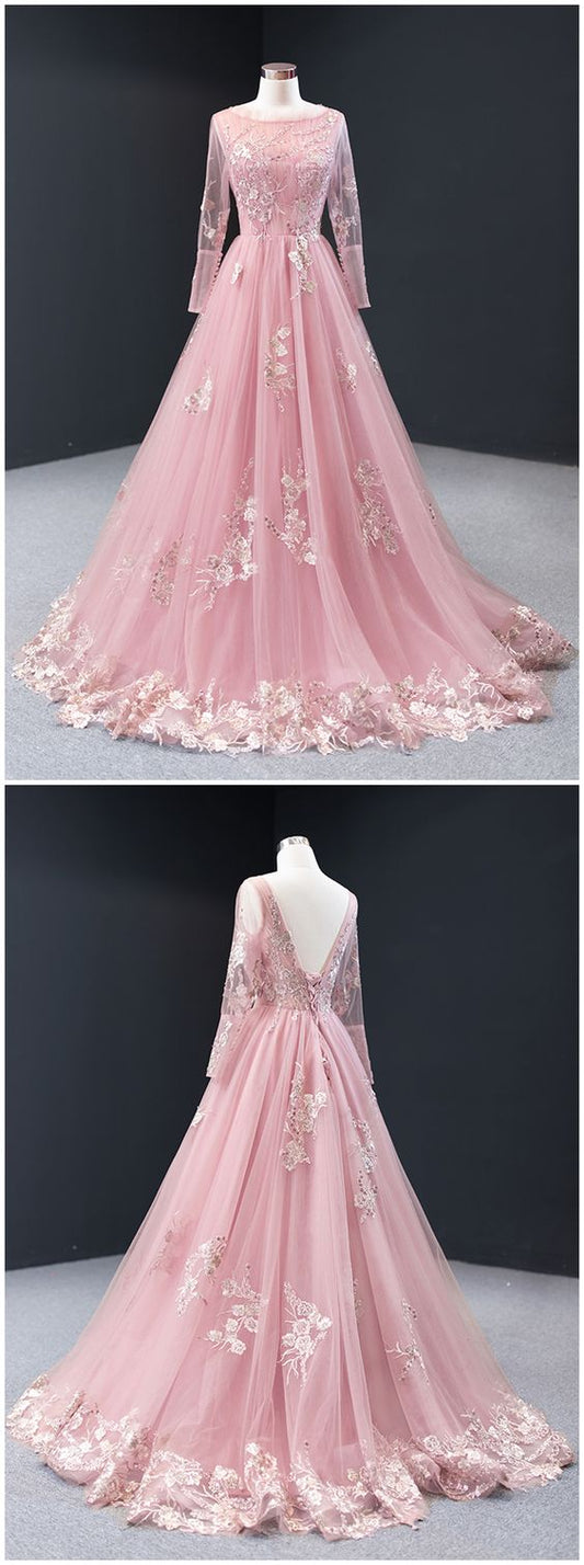 Pink Tulle Long Sleeve A Line Customize Lace Formal Prom Dress, Evening Dress   cg11398