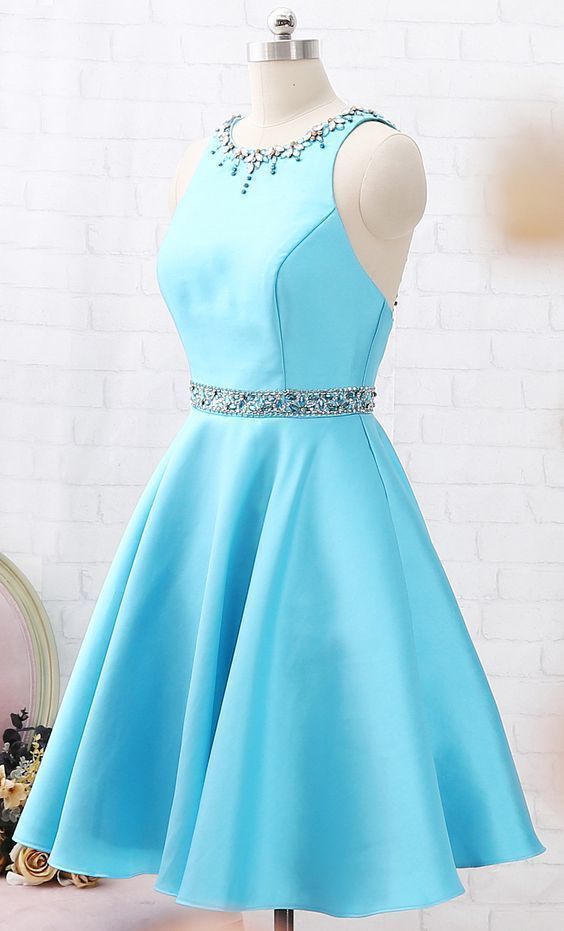Blue Satin Short  Dress, Blue Homecoming Dress, Short Party Gown with Beads Belt  cg1141