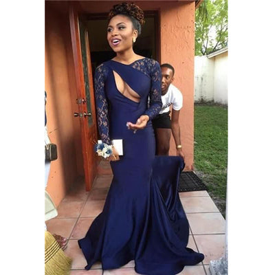 Navy Blue Mermaid Prom Dress Lace Long Sleeve Formal Women Evening Gowns Sweep Train   cg11420