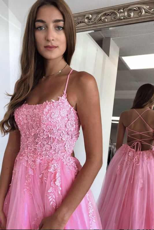 A Line Spaghetti Straps Backless Long Pink Lace Prom Dress, Pink Lace Formal Graduation Evening Dress   cg11482