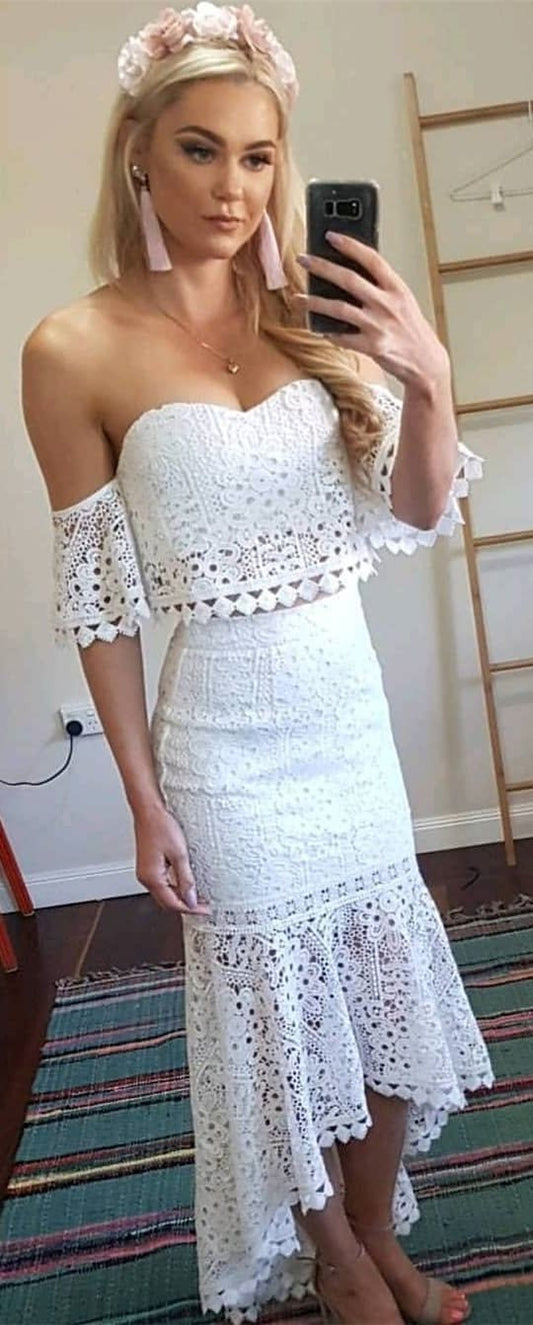 Two Piece Sweetheart Short Sleeves White Lace Prom Dress   cg11635