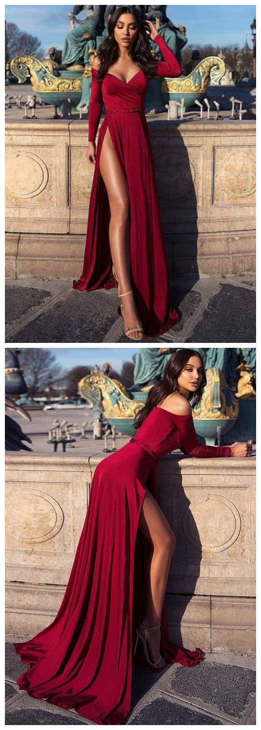 Charming Burgundy Off the Shoulder Long Sleeves Prom Dress With Slit cg1165