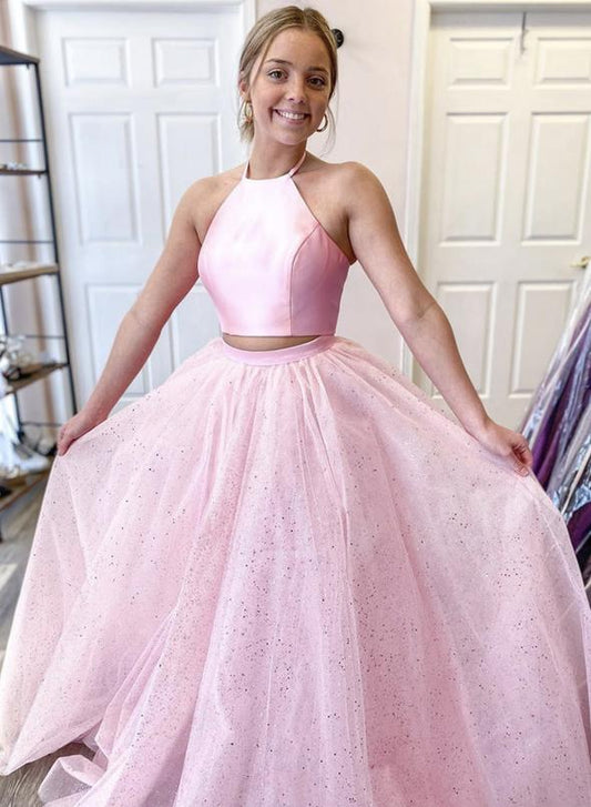 Pink tulle ball gown dress two pieces evening prom dress   cg11684