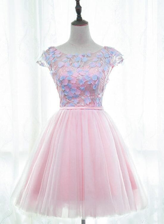 Pink Tulle Cute Girls Party Dresses, Lovely Short Round Neckline with Flowers Party homecoming Dresses   cg11755