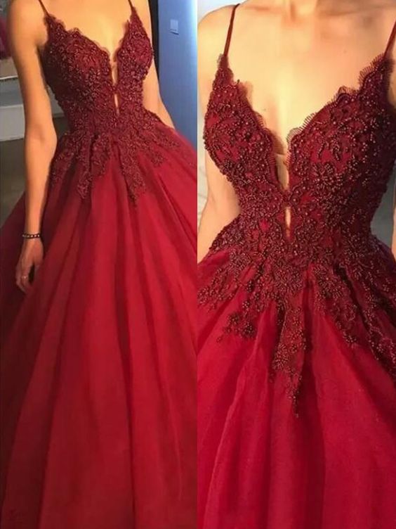 Ball Gown Spaghetti Straps Burgundy Prom Dress with Beading Appliques cg1187