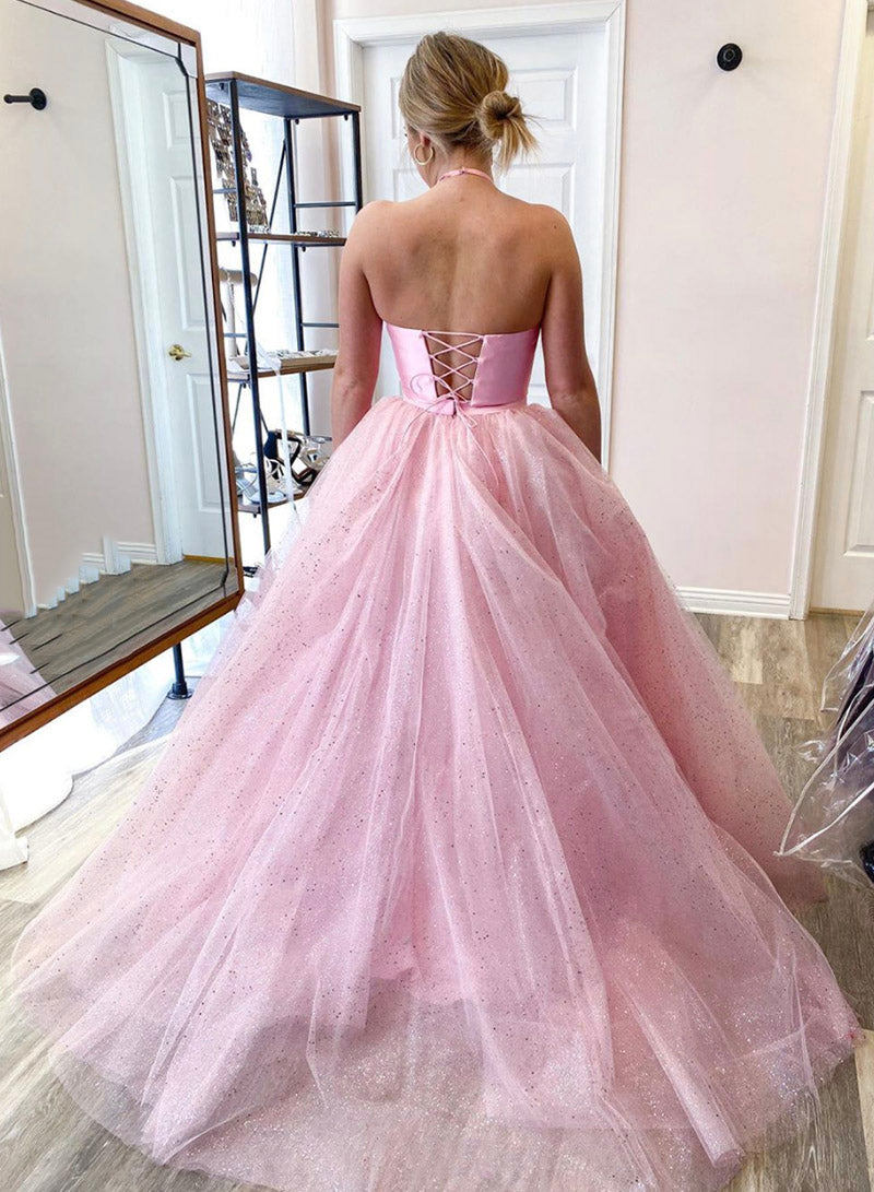 PINK TULLE LONG PROM DRESS TWO PIECES EVENING DRESS   cg11920