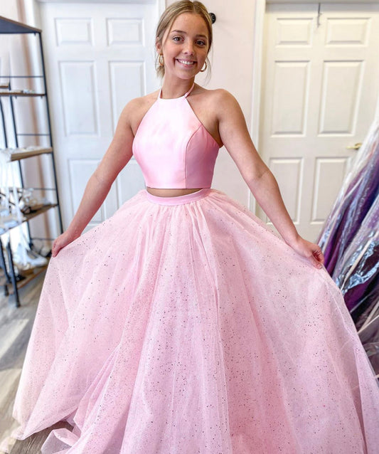 PINK TULLE LONG PROM DRESS TWO PIECES EVENING DRESS   cg11920