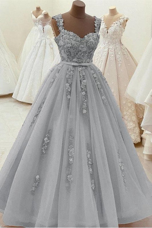 Gorgeous Sweetheart Neck Beaded Gray Floral Lace Prom Dress, Grey Floral Lace Formal Dress, Gray Evening Dress   cg12103