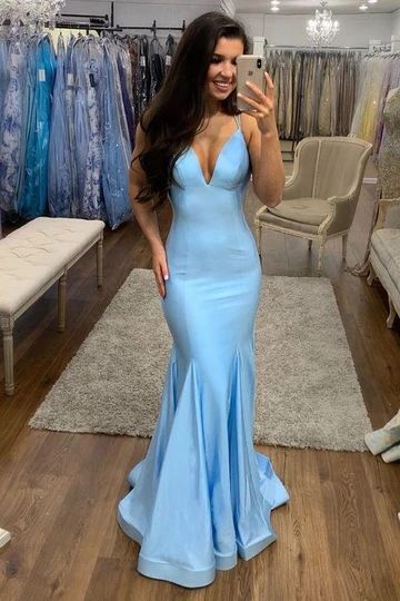 Sky Blue Mermaid Prom Dresses with Deep V-neckline   cg12230