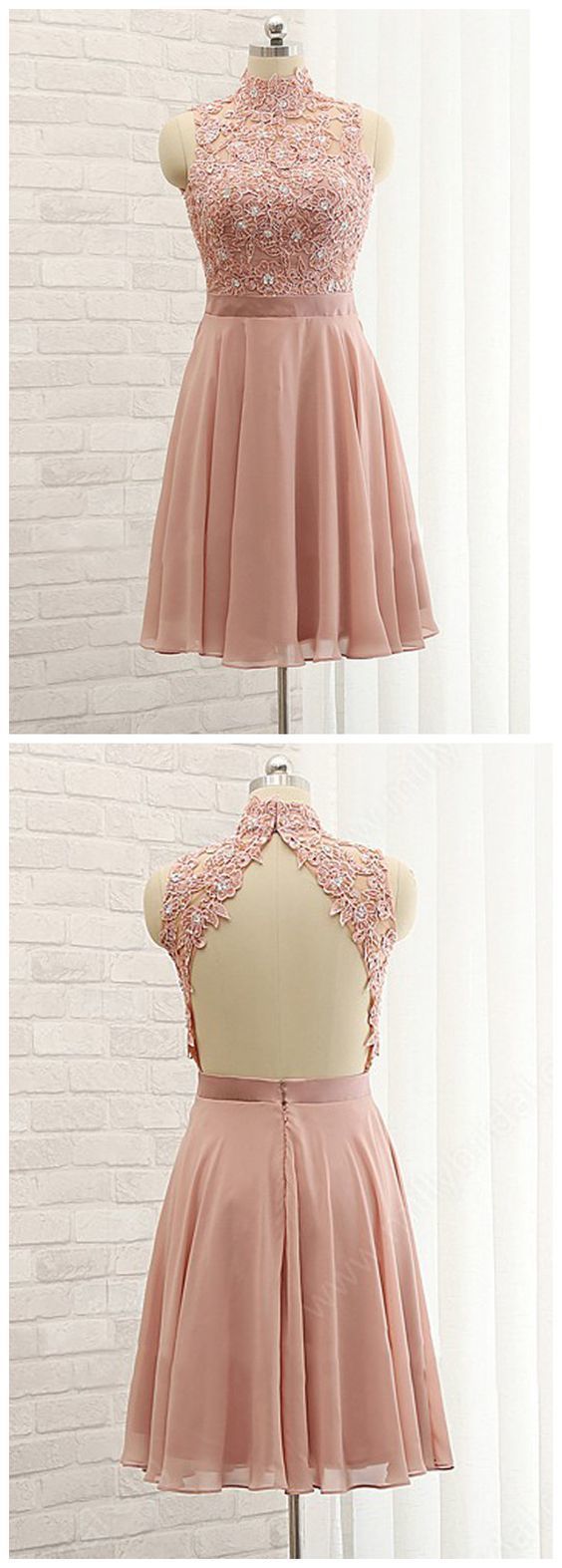 A-line High Neck Short Dress Pink Lace Short Dresses Cheap Homecoming Dress cg1224