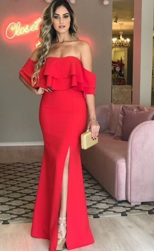 Red Mermaid Prom Dresses Strapless Off the Shoulder Side Slit Evening Formal Gowns   cg12244
