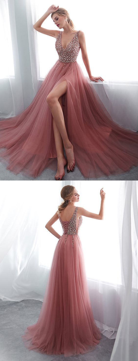 Stunning A Line V Neck Sleeveless Split Pink Long Prom Evening Dress with Beading cg1231