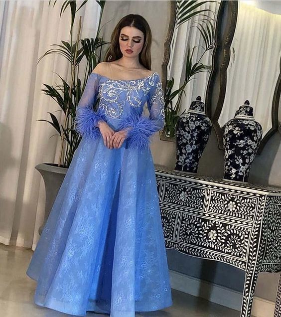 New Arrival Blue Illusion O Neck Beaded Stones Long Sleeve Feather Floor Length Lace Prom Dresses   cg12460