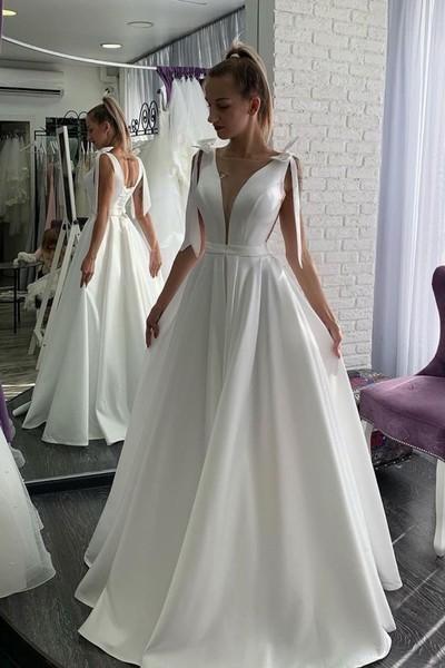 Simple White Satin A Line Wedding Dress Sexy Open Back prom dress,    cg12517