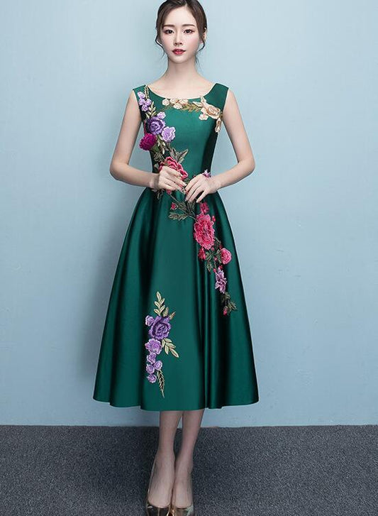 Dark Green Tea Length Bridesmaid Dress, Green Satin Prom Dress   cg12523