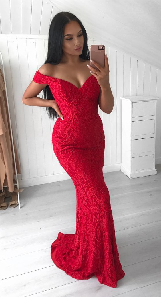 Mermaid Off-the-Shoulder Sweep Train Red Lace Prom Dress   cg12531