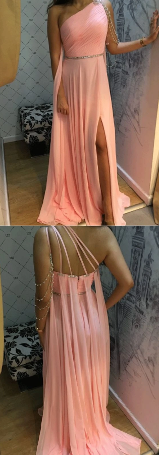 One Shoulder Chiffon Evening Dress, Sexy Pink Side Slit Prom Party Dress   cg12569