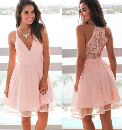 v neck short pink homecoming dresses with lace back cg1257