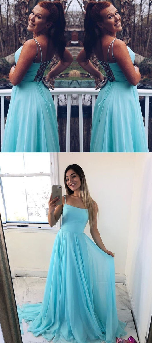 Sexy A Line Blue Chiffon Prom Dress, Simple Long Evening Party Dress   cg12583