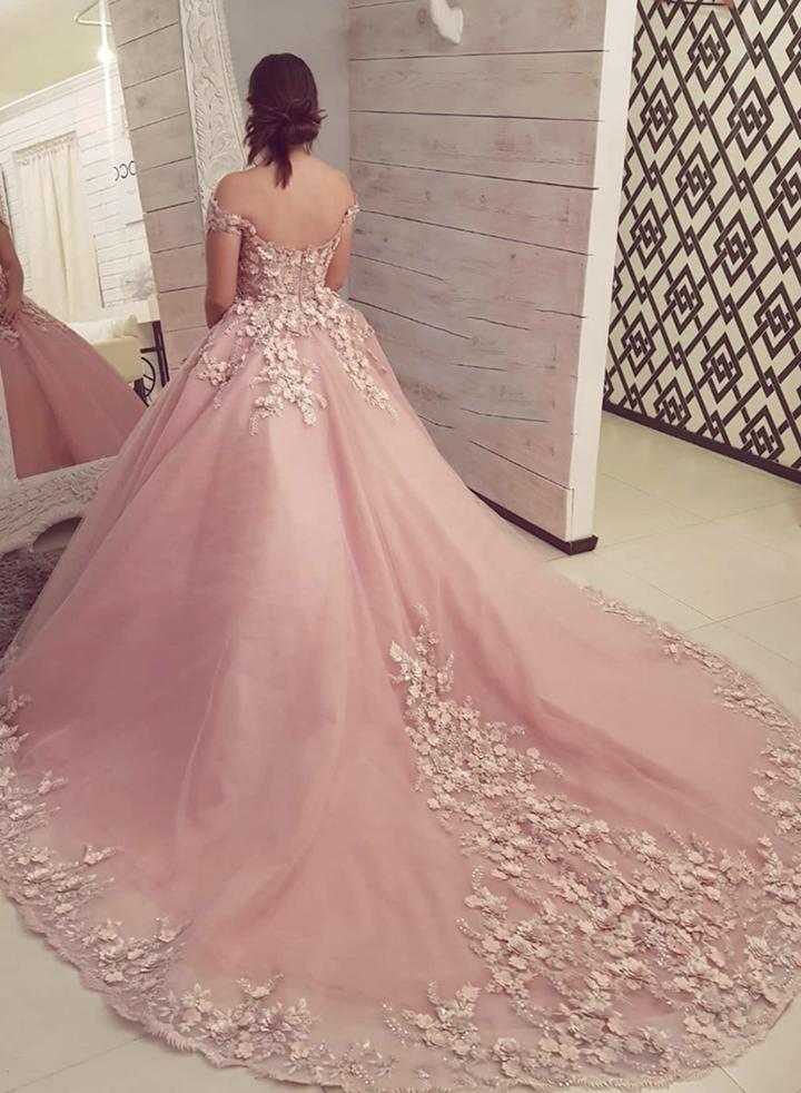 Pink tulle lace long prom gown formal dress   cg12586