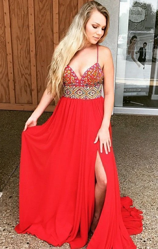 Charming Split Slit Red Prom Dress, Sexy Sleeveless Long Evening Dress   cg12601
