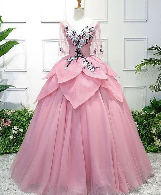 Pink Tulle Ball Gown Lace Sweet 16 Dress, Pink Quinceanera prom Gown With Flowers   cg12714