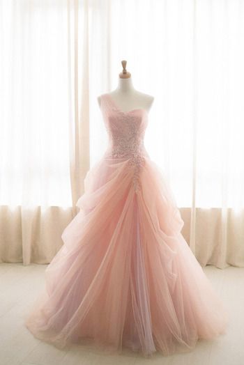 Pink Ball Gown One Shoulder Tulle Appliques Wedding Dress  Prom Dress   cg12934